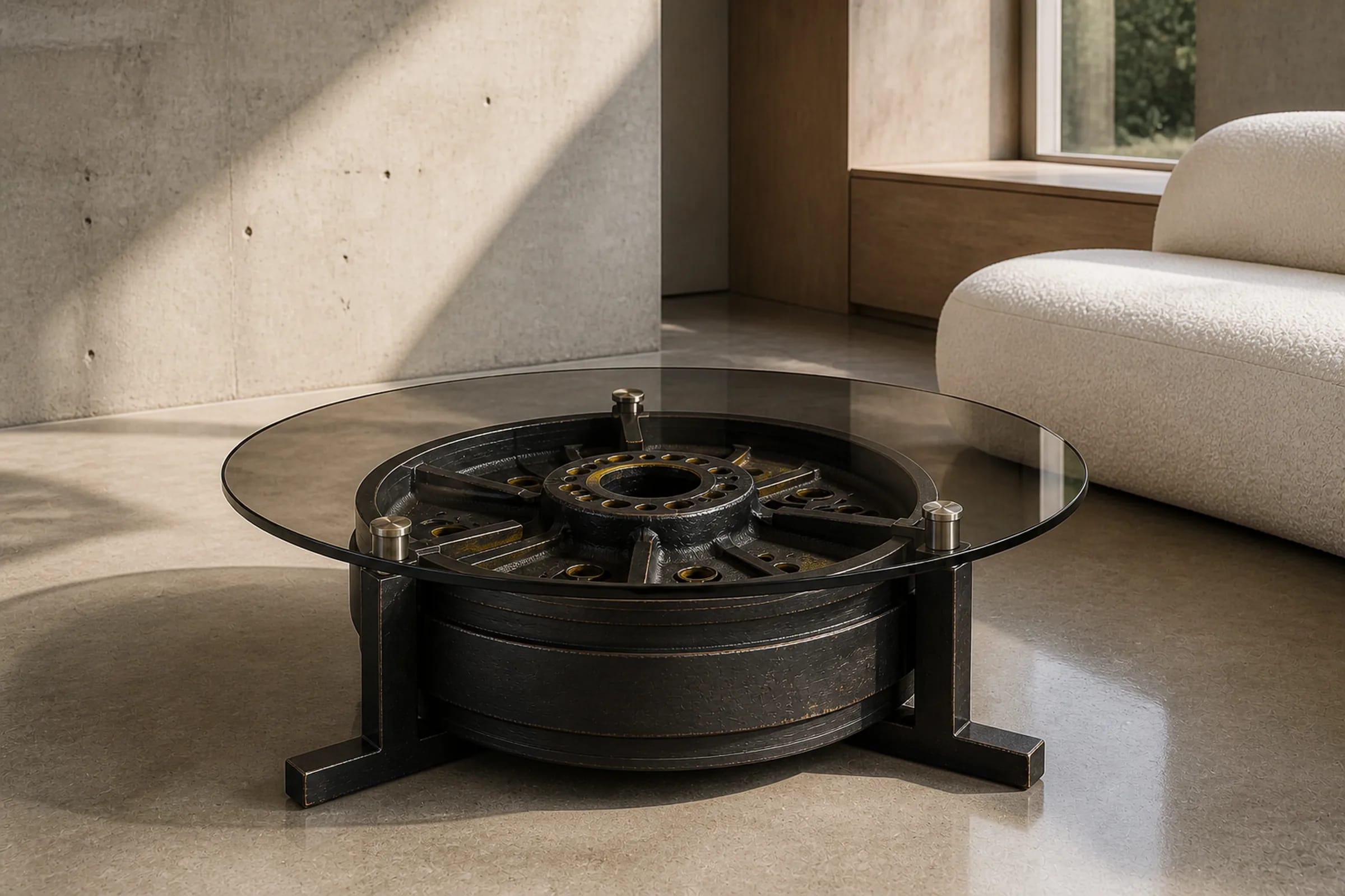 Round IDLER 100 table made from a track idler with smoked glass.