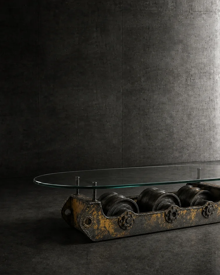 Low coffee table built from a reclaimed track roller frame — four rollers held in a worn steel bogie with traces of original yellow paint — under an oval clear glass top, in a dark concrete gallery lit by a narrow shaft of daylight from the right.